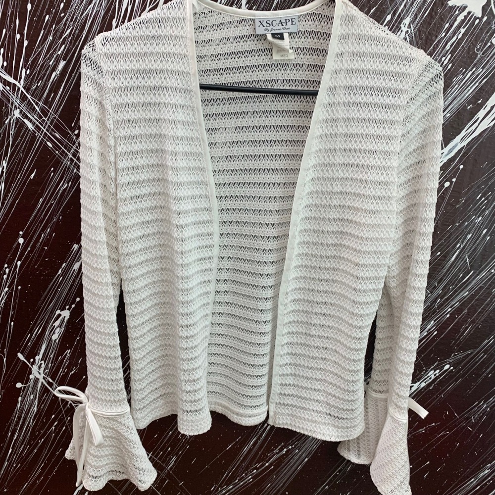 Xscape Joanna Chen White Textured Open Front Cardigan Bell Sleeve Tie Accent M